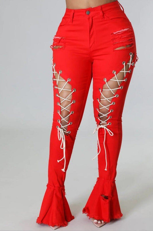 Fabby Glamtique Demin Bottom 5 / Red High Rise Lace Up Pants