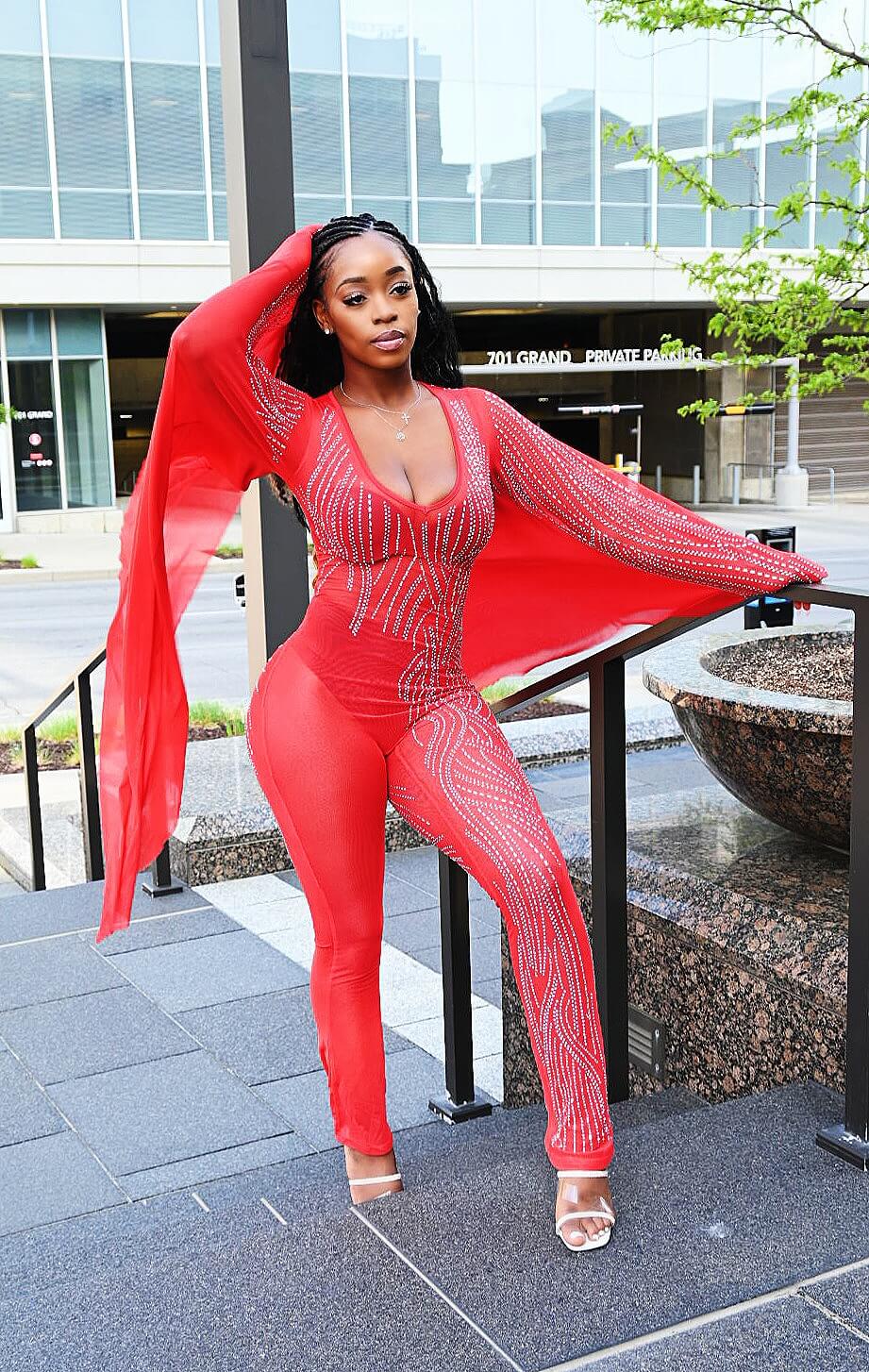 Fabby Glamtique Jumpsuit Small / Red Dazzling Rhinestone Jumpsuit