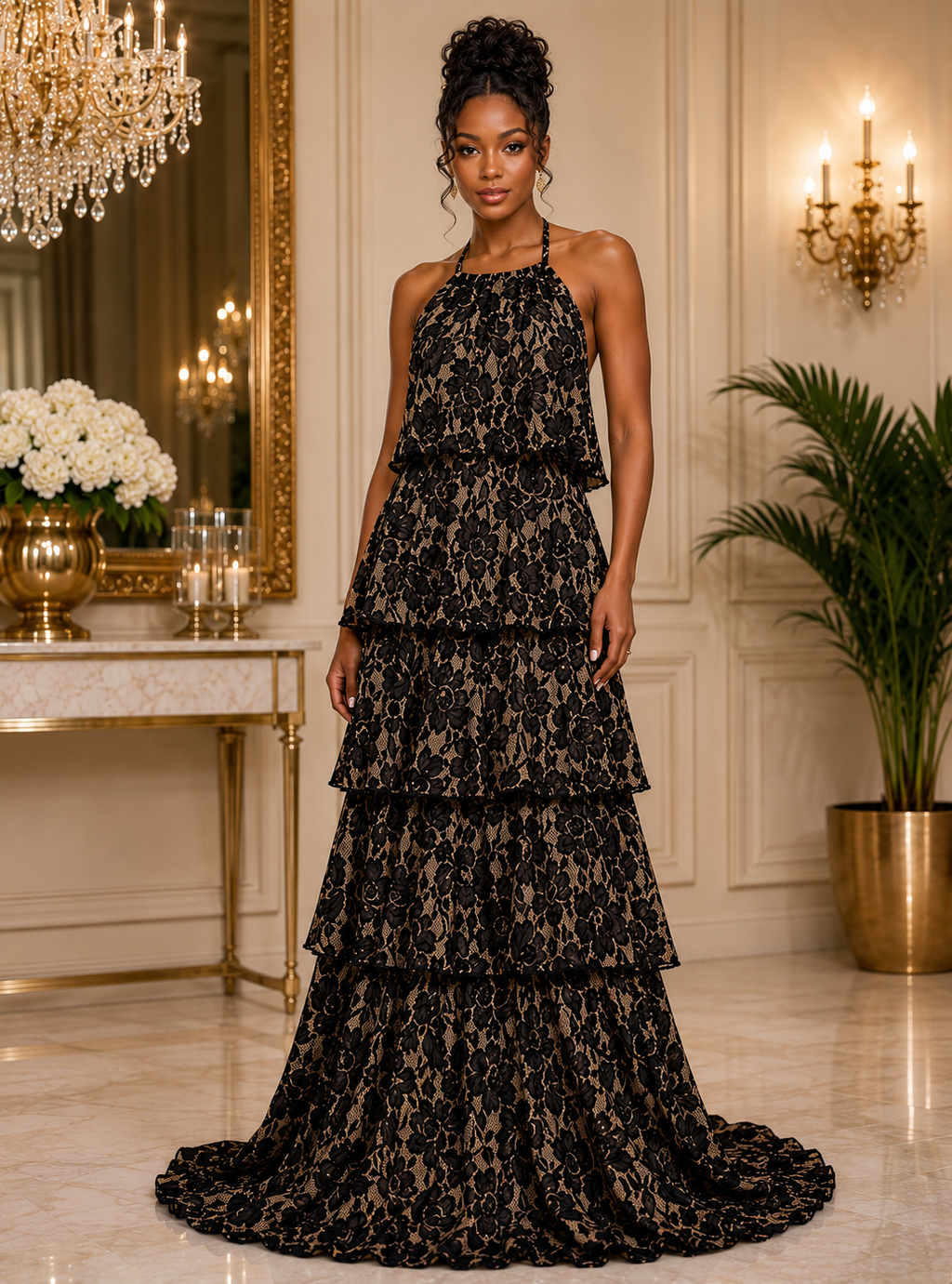 Black Lace Tiered Halter Maxi Dress