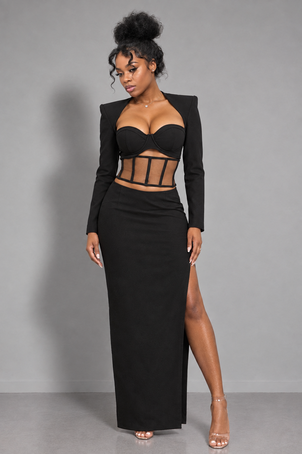 Black corset detail blazer maxi dress front detail with structured corset waist and side slit
