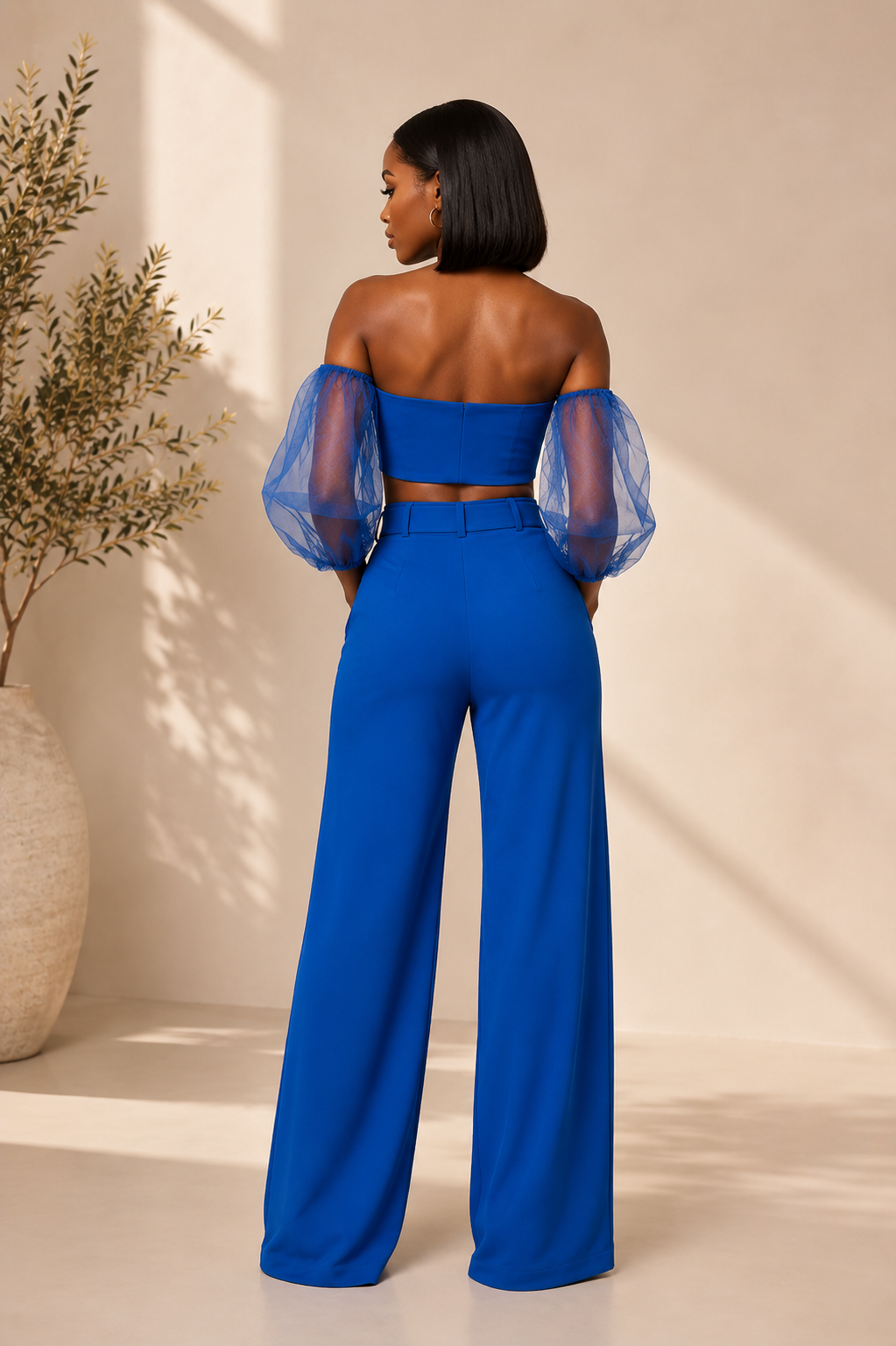 Royal Blue Sheer Sleeves Crop Top & Wide-Leg Pant Set