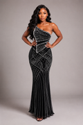 Black One-Shoulder Pearl Beaded Formal Gown