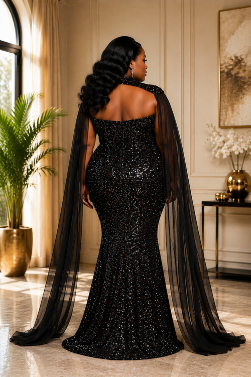 Black Sequin Strapless Formal Gown With Sheer Cape