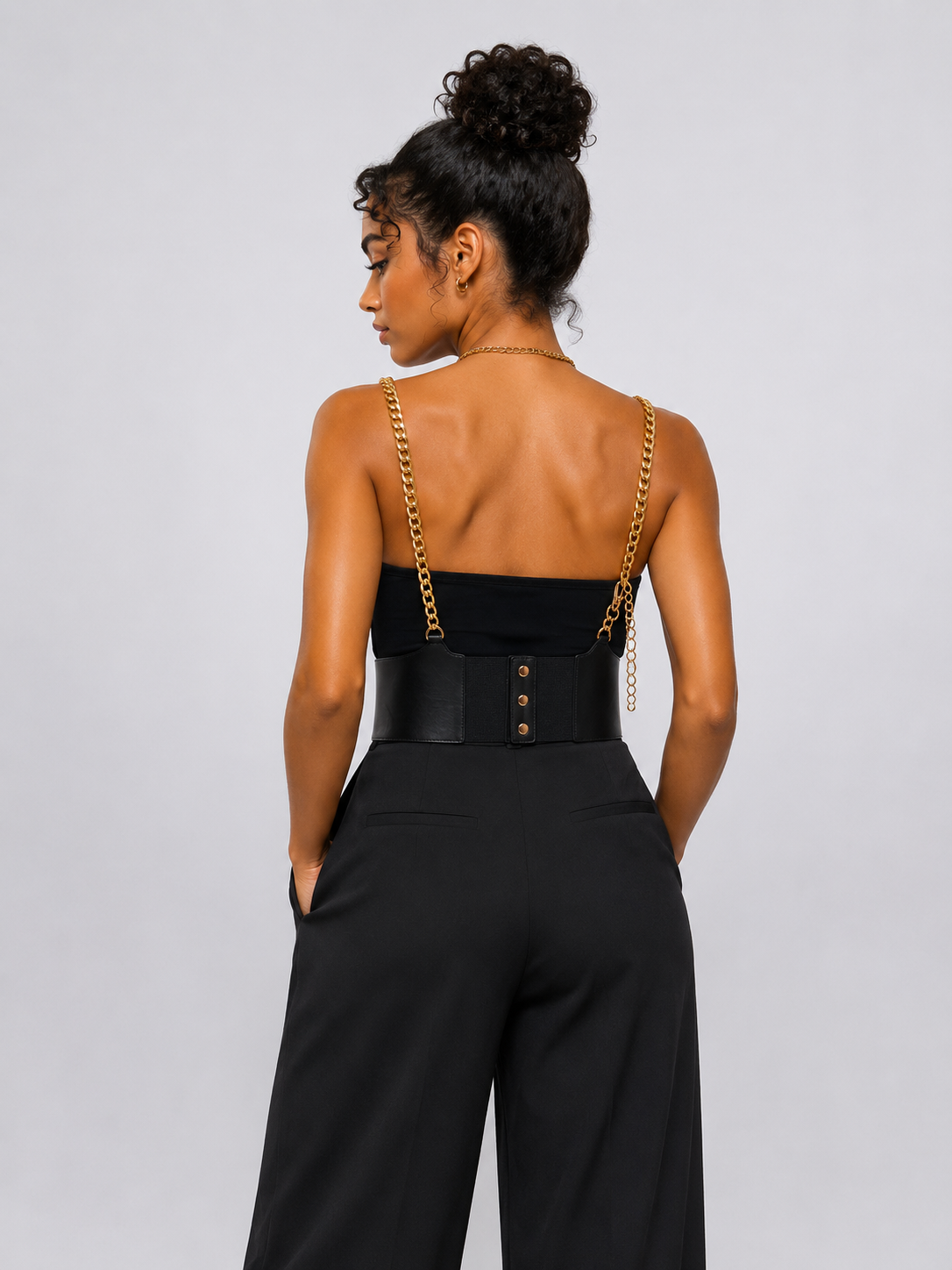 Black Wide Waist Belt with Gold Chain