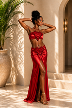 Red Heart Detail Two-Piece Satin Skirt Set