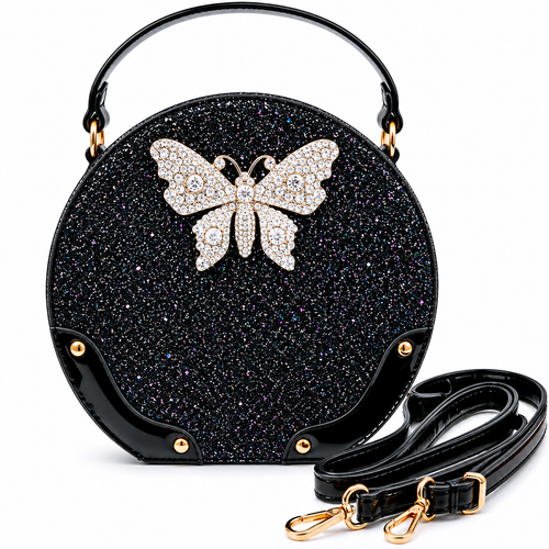 Black Glitter Vegan Leather Butterfly Purse
