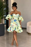 Front view of yellow floral off-shoulder puff sleeve ruffle mini dress