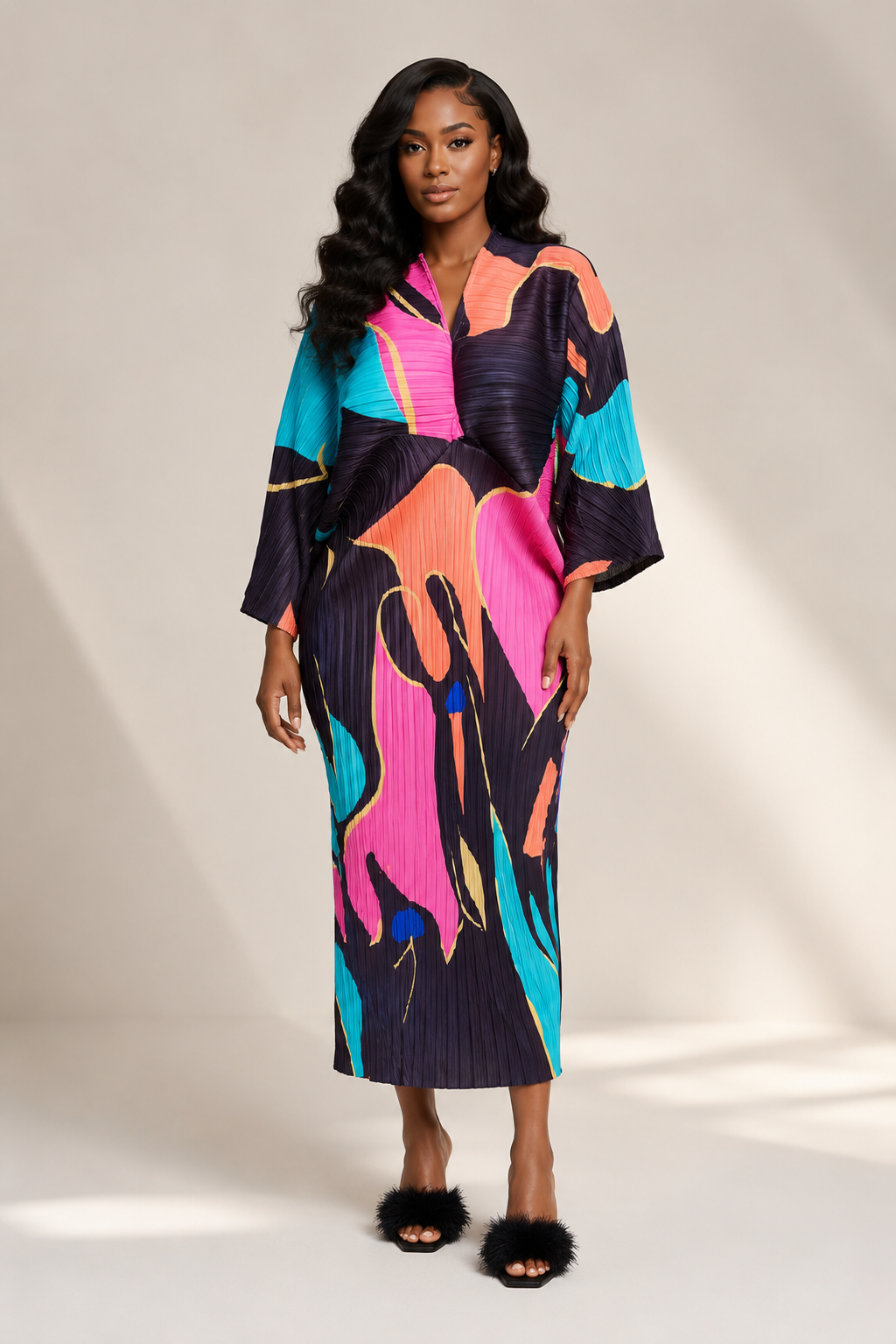 Abstract Print Pleated Midi Dress