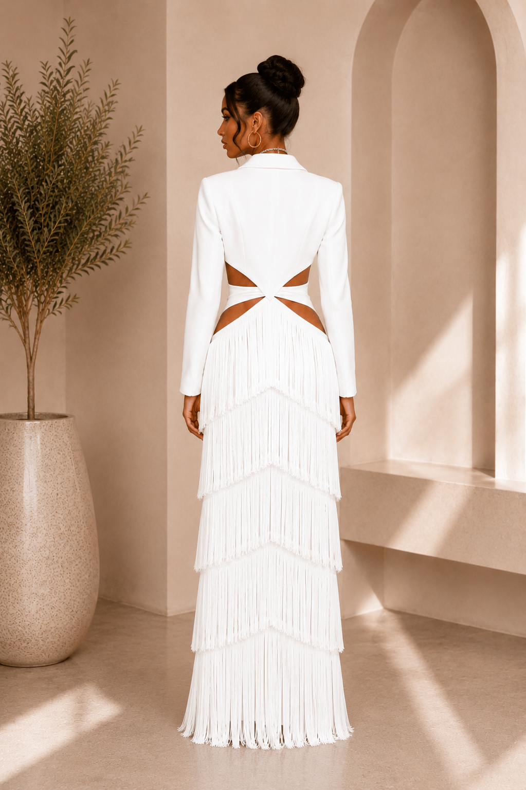 White Fringe Cut-Out Maxi Dress