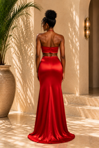 Red Heart Detail Two-Piece Satin Skirt Set