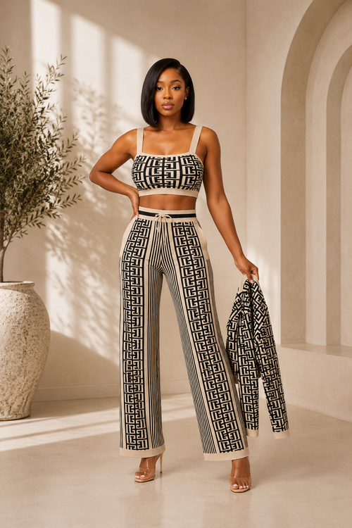 Three-Piece Wide Leg Pants Set featuring a cropped top, wide-leg pants, and matching jacket in modern geometrical print.