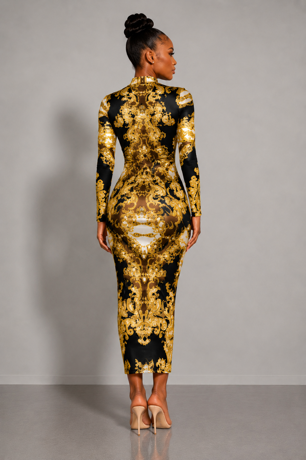 Black And Gold Bodycon Midi Dress
