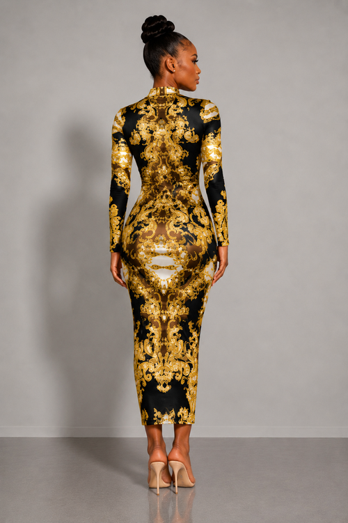 Black Gold Baroque Bodycon Midi Dress showcasing striking gold patterns on a black background, perfect for glamorous occasions.