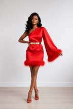 Red satin feather trim cocktail mini dress featuring a chic one-shoulder design and glamorous feather accents.