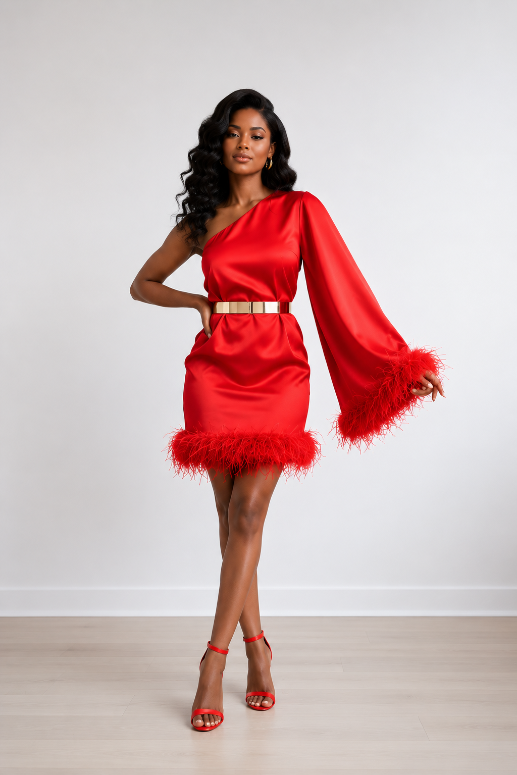 Red One-Shoulder Satin Mini Dress