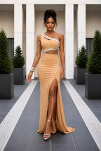 Nude One-Shoulder Sequin Trim Formal Dress
