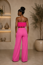 Pink Feather Bandeau Top And Wide-Leg Pants Set