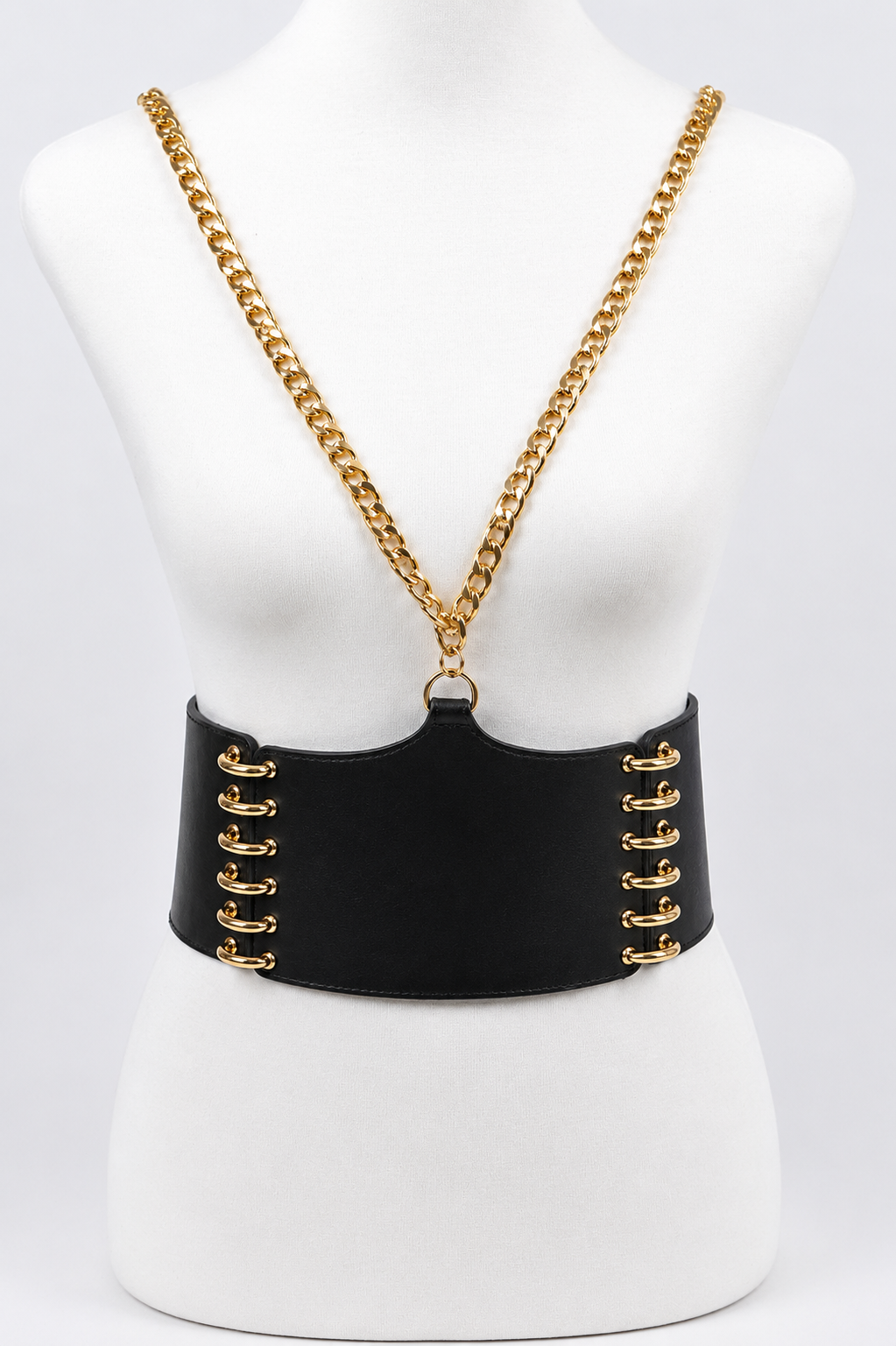 Black Wide Waist Belt with Gold Chain