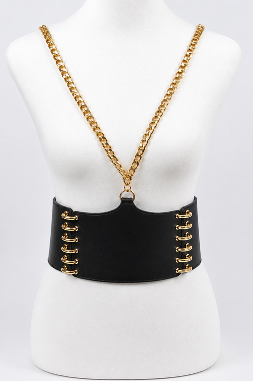 Black Corset Waist Belt featuring gold chain details and lace-up design on a mannequin.