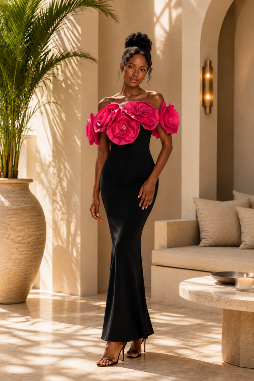 Rose Bloom Off-Shoulder Mermaid Evening Gown modeled by a woman with oversized pink rose appliques.