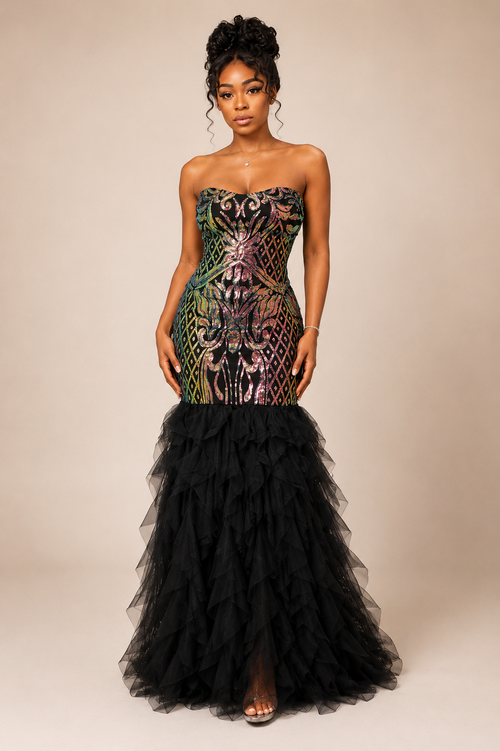 Black Baroque Print Sweetheart Maxi Dress