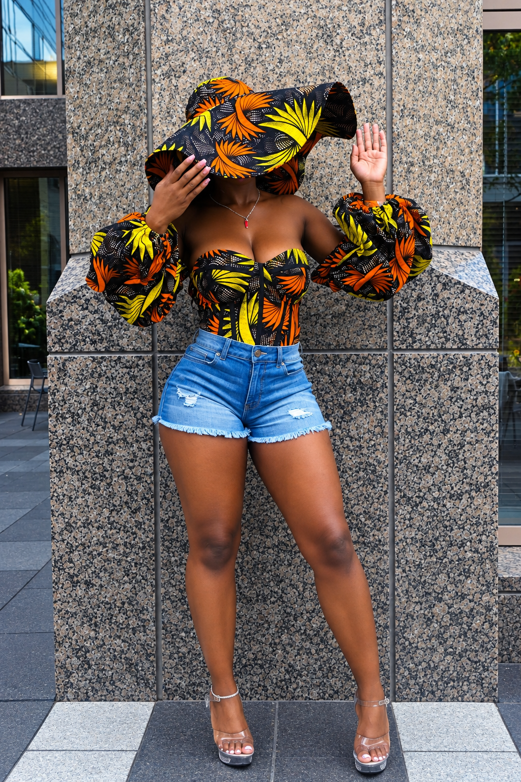 A woman posing outdoors in front of a gray stone pillar, wearing a vibrant black, orange, and yellow patterned strapless top with balloon sleeves, a matching oversized hat, blue denim shorts, and clear high-heeled sandals.