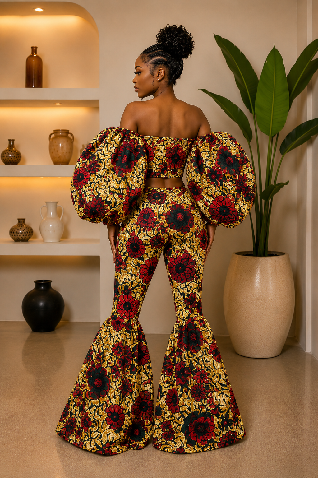 Ankara Off-Shoulder Crop Top And Bell Bottom Pants Set