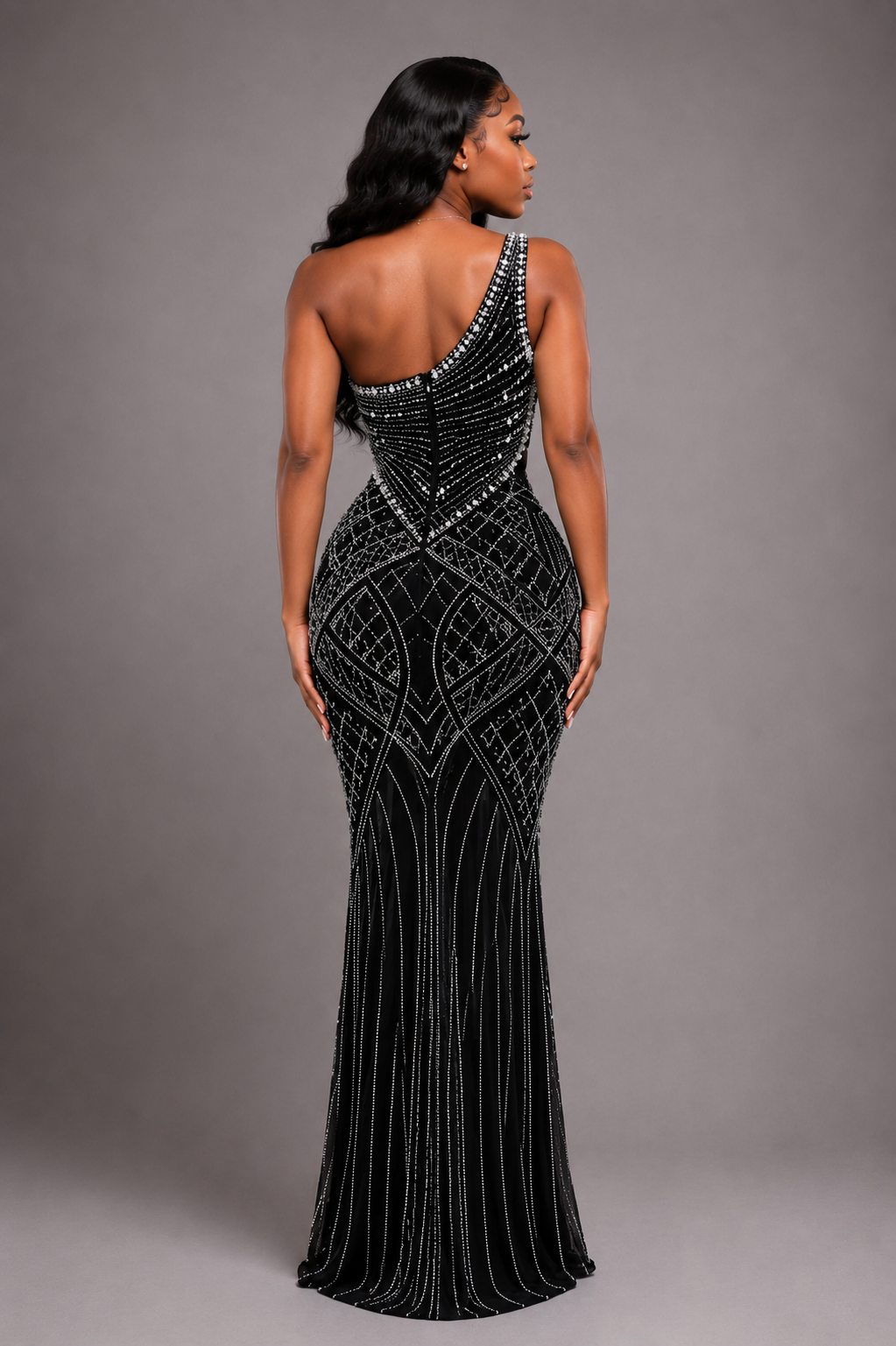 Black One-Shoulder Pearl Beaded Formal Gown
