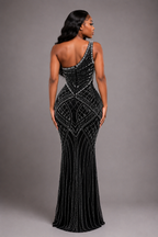 Black One-Shoulder Pearl Beaded Formal Gown