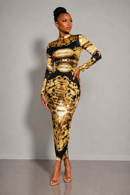 Black Gold Baroque Bodycon Midi Dress worn by a model, showcasing its luxurious gold accents and figure-hugging silhouette.