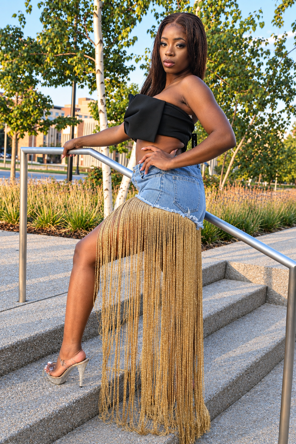 A woman posing on outdoor concrete stairs wearing a black strapless top, a light blue denim skirt with a long gold fringe overlay, and clear high-heeled sandals.