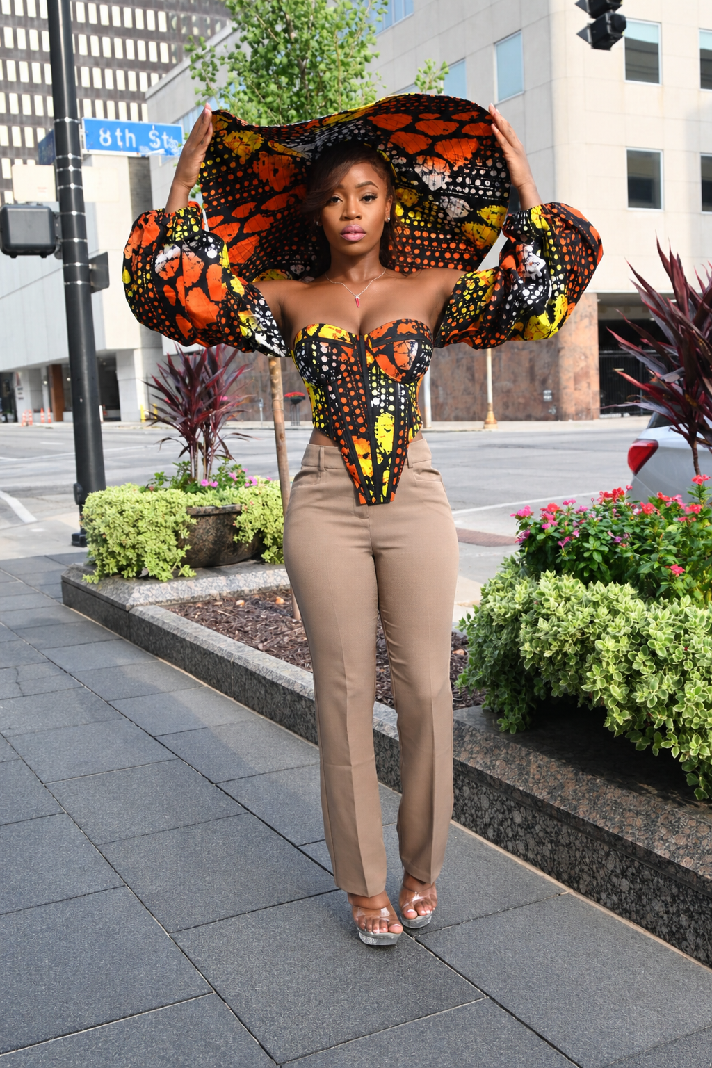 Orange Ankara Corset Top with Puff Sleeves & Matching Hat