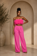 Pink Feather Bandeau Top And Wide-Leg Pants Set