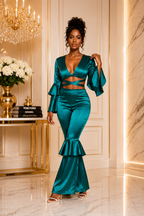 Emerald Green Satin Two-Piece Pants Set