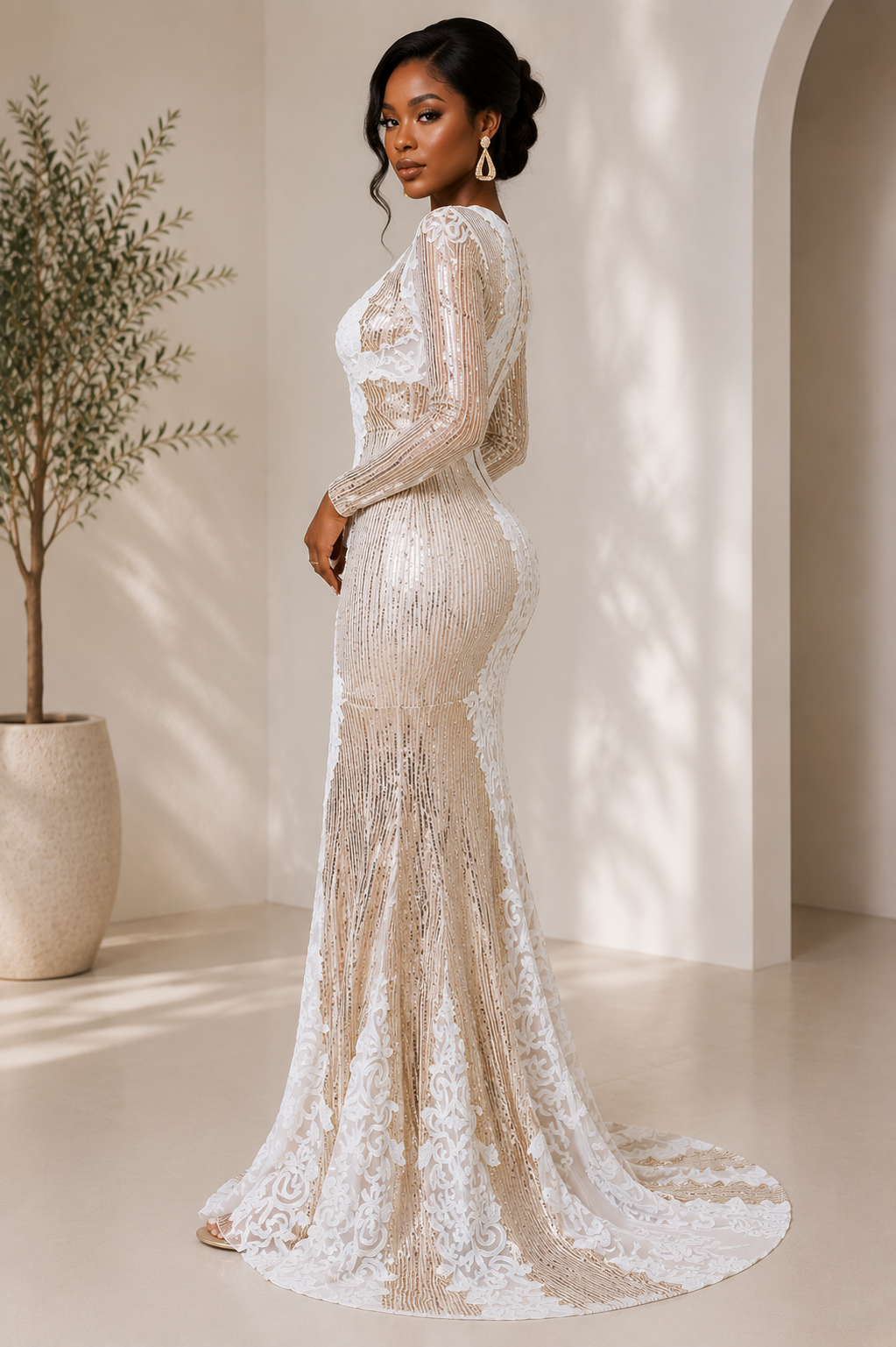 White And Gold Lace Sequin Maxi Dress