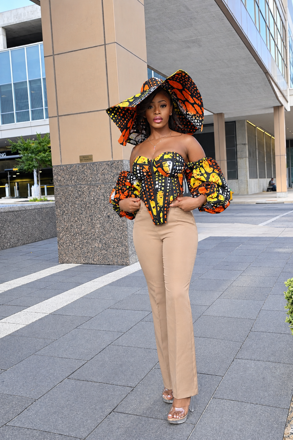 Orange Ankara Corset Top with Puff Sleeves & Matching Hat