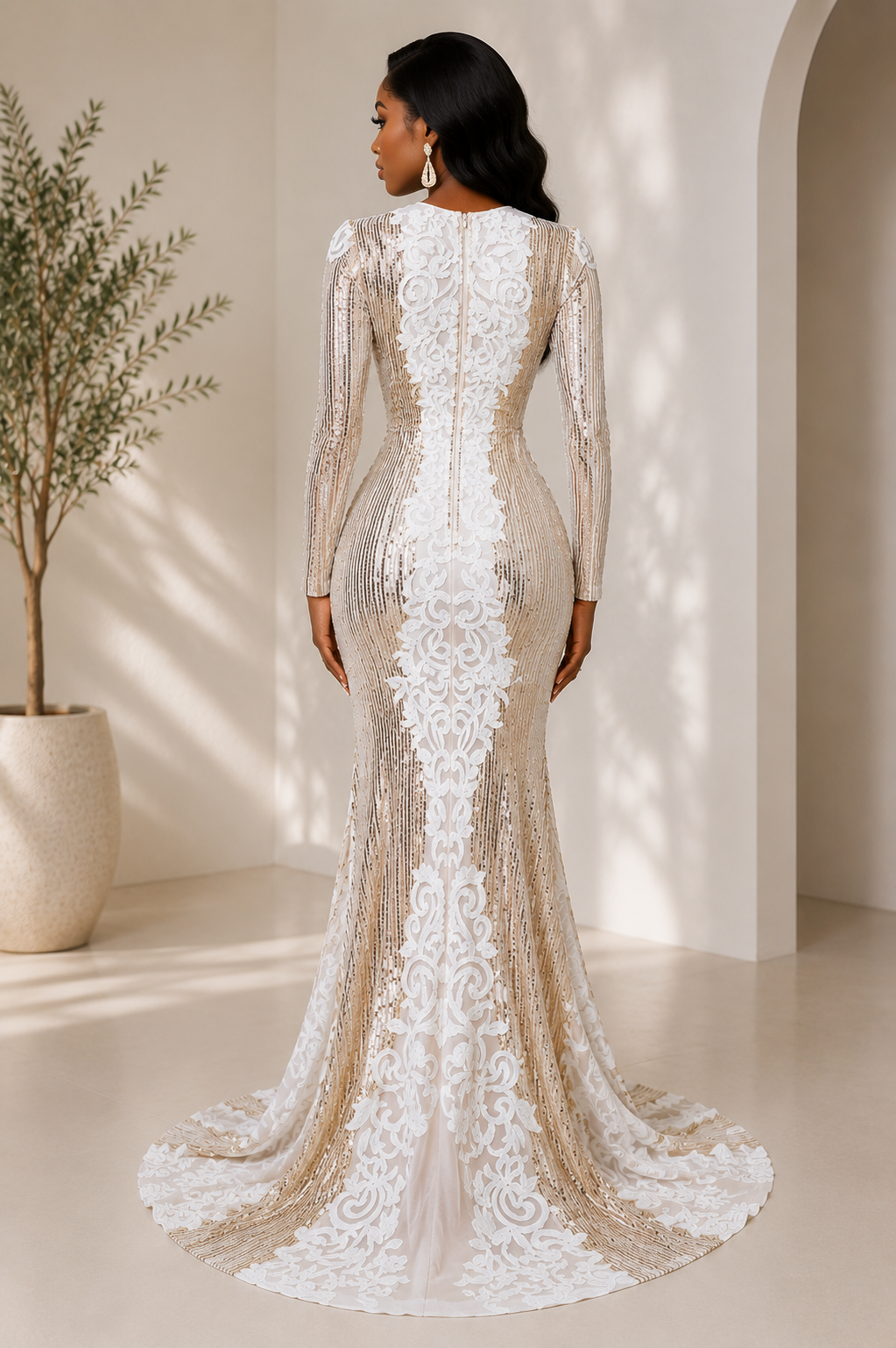 White And Gold Lace Sequin Maxi Dress