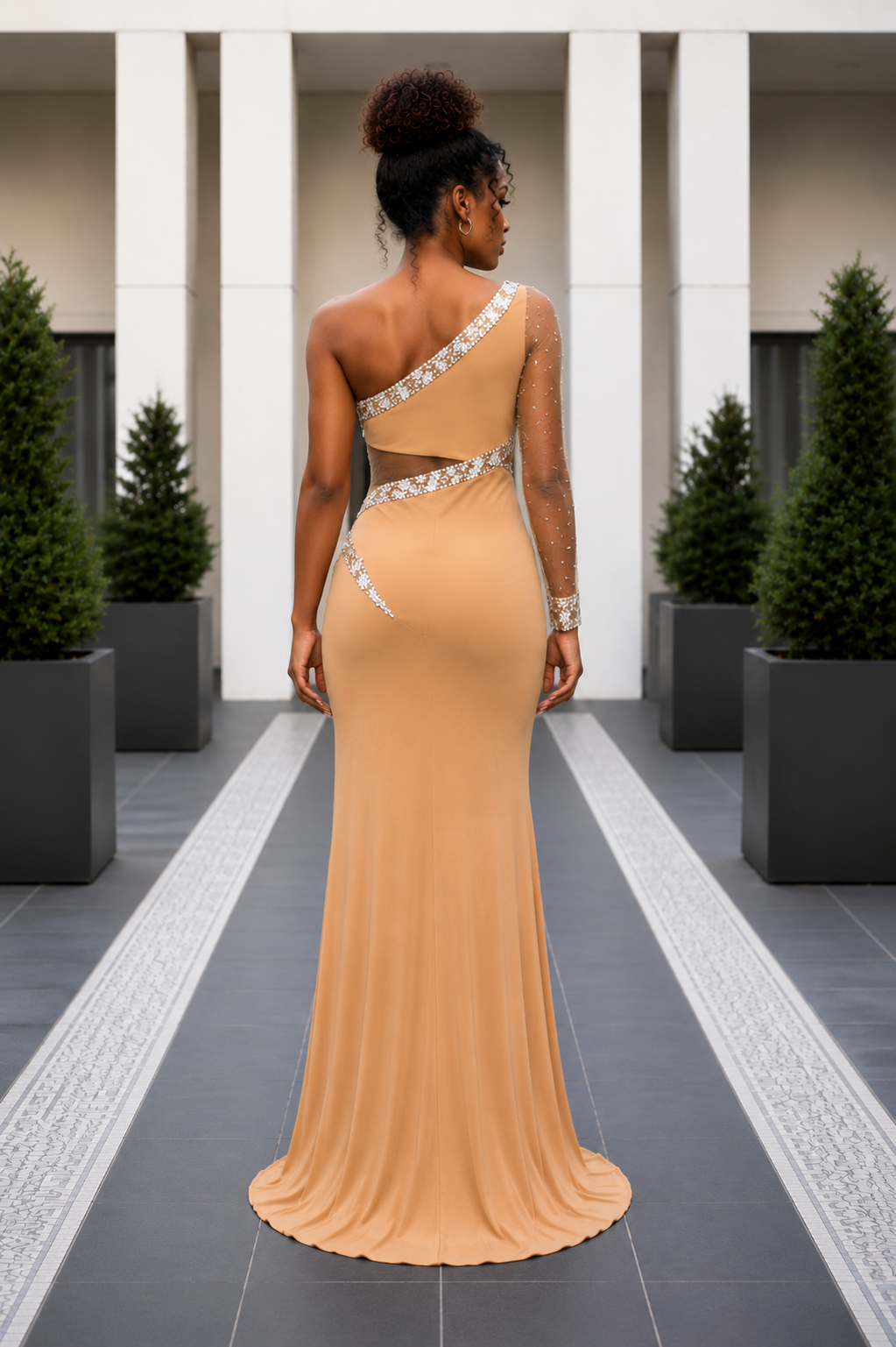 Nude One-Shoulder Sequin Trim Formal Dress