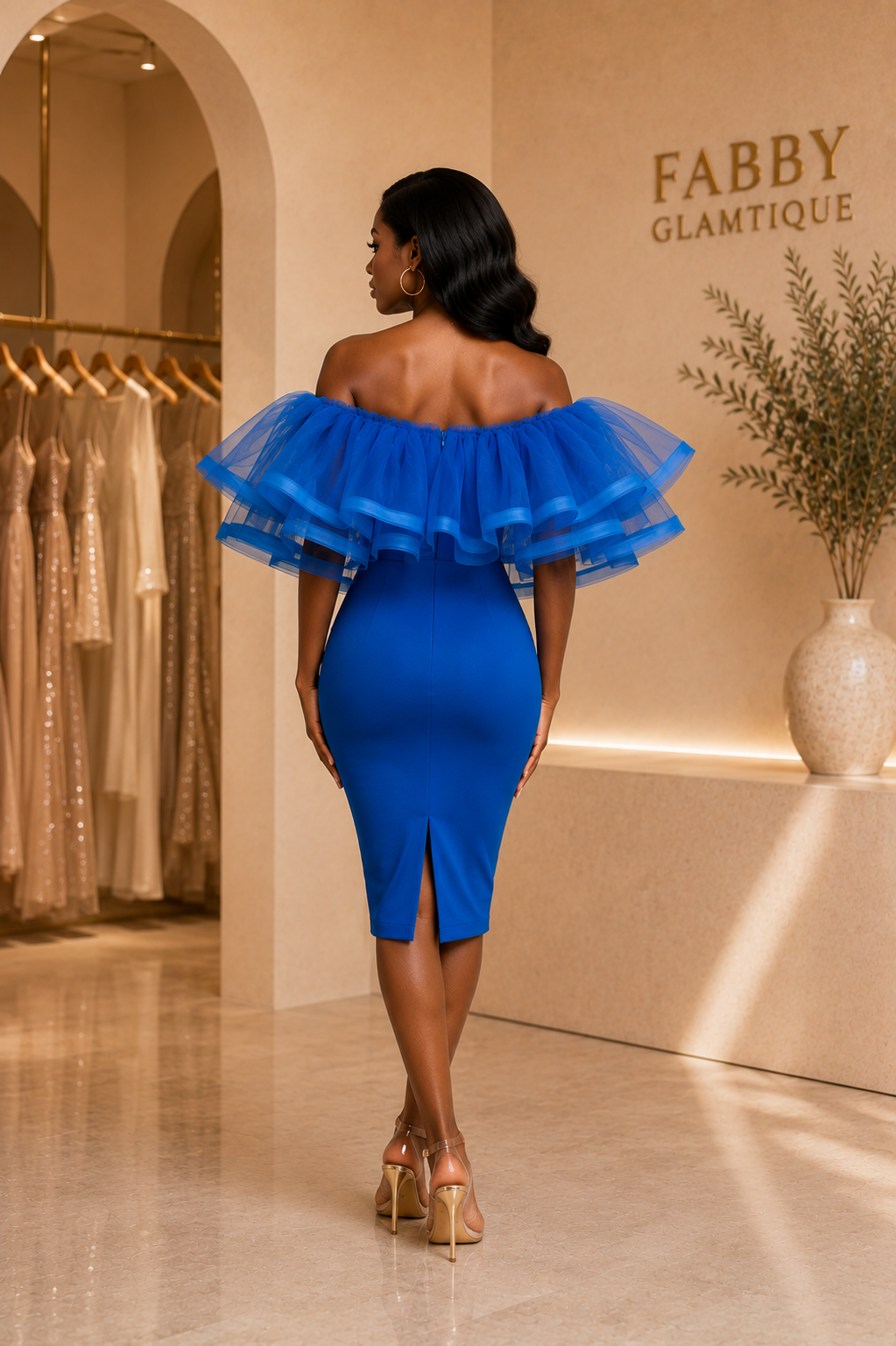 Royal Blue Off-Shoulder Ruffle Midi Dress