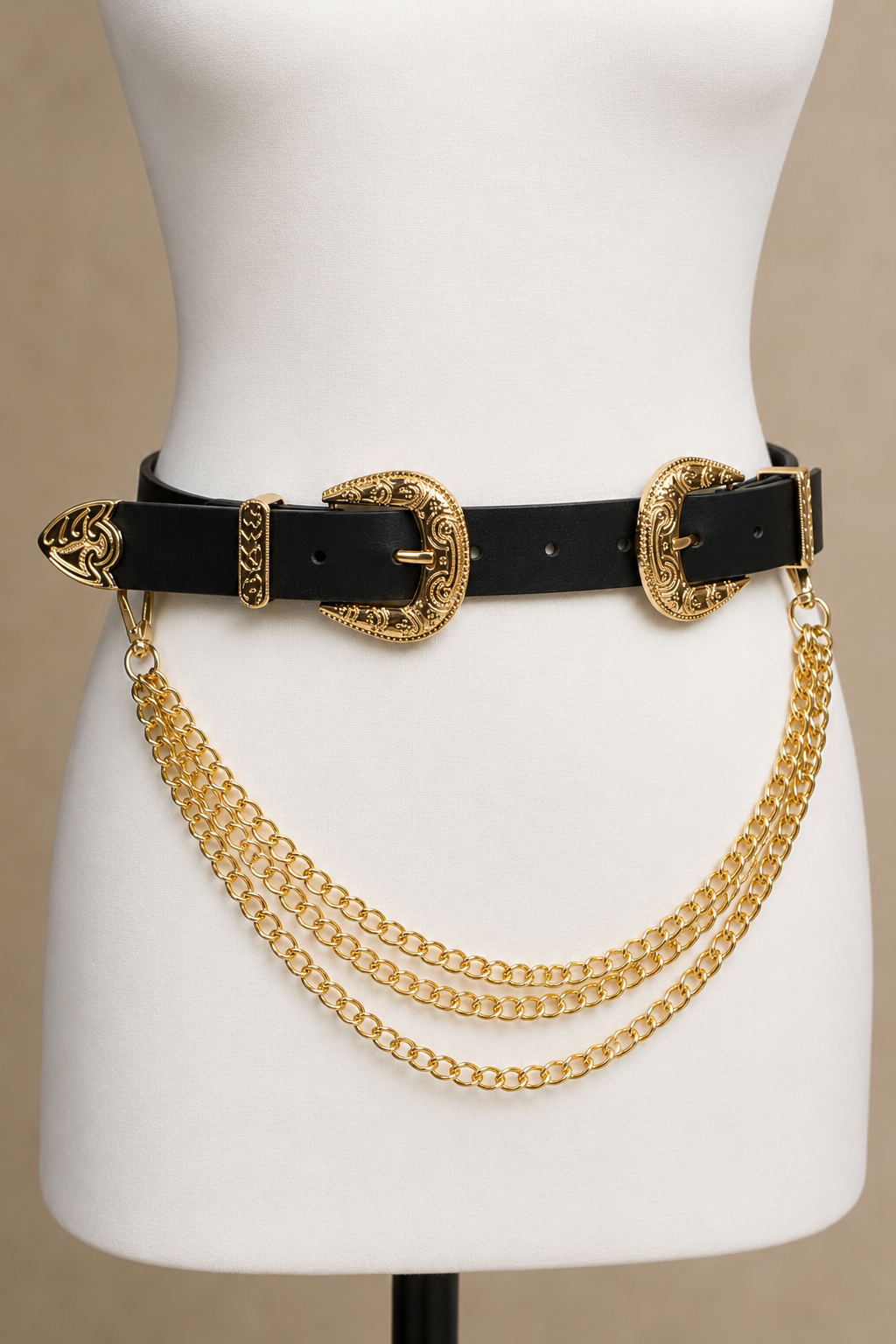Black Western Waist Belt with Gold Buckle & Chain