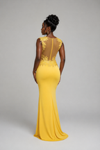 Stylish back view of the Yellow Embroidered Mermaid Evening Dress featuring intricate floral embroidery.