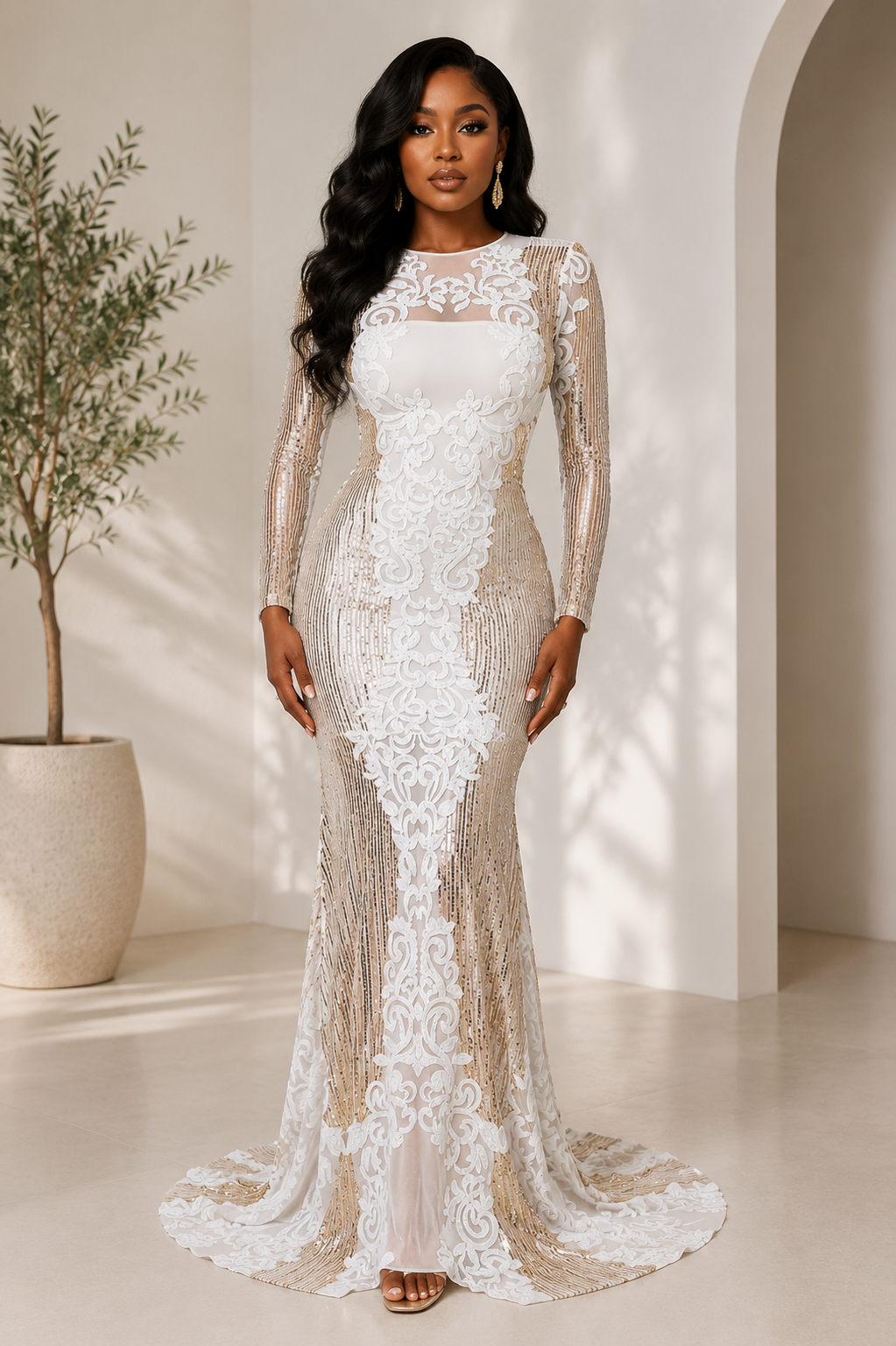 White And Gold Lace Sequin Maxi Dress