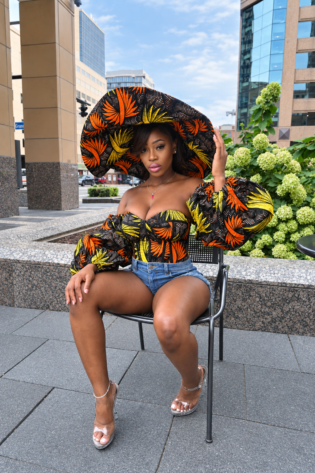 Orange Ankara Corset Top with Puff Sleeves & Matching Wide-Brim Hat
