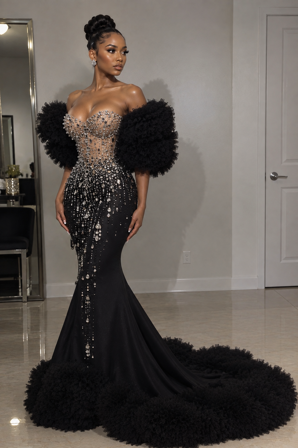 Front view of black crystal mermaid gown with nude illusion corset and dramatic tulle sleeves