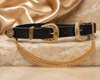 Black Western Waist Belt with Gold Buckle & Chain