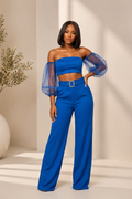 Royal Blue Sheer Sleeves Crop Top & Wide-Leg Pant Set