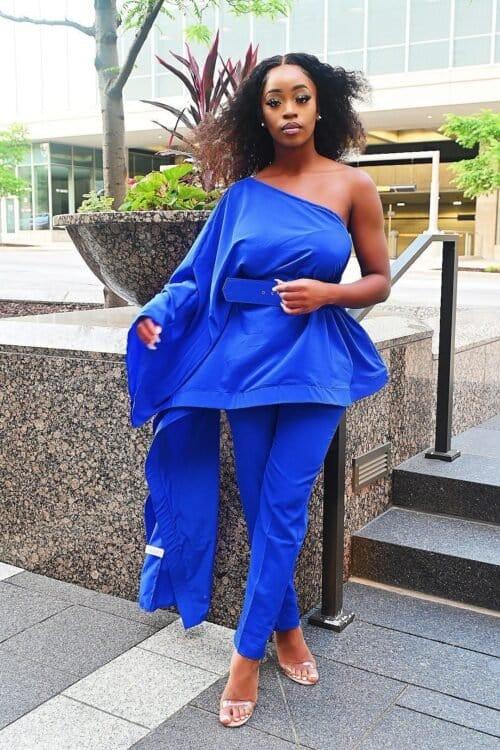 fabbyglamtique Matching Set Small / Blue One Shoulder Asymmetrical Pant Set