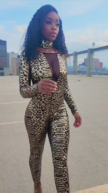 Sequin Cheetah Jumpsuit with Choker