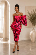 Red Abstract Oversized Bow Ruched Midi Dress
