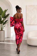 Red Abstract Oversized Bow Ruched Midi Dress